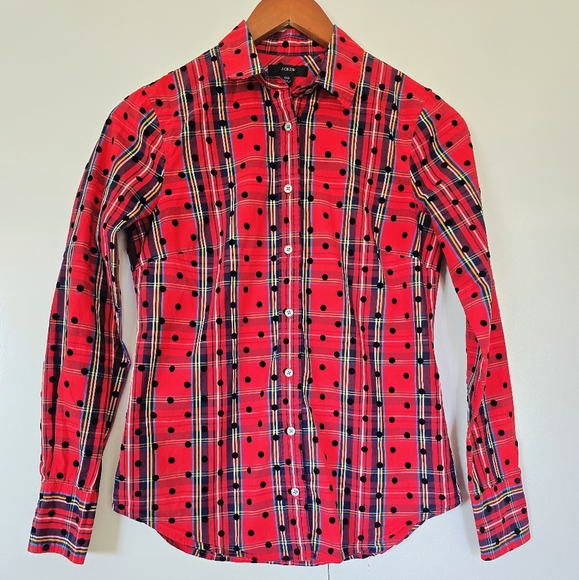 J.Crew Slim Perfect Shirt in Red Stewart Tartan Plaid with Velvet Dots Sz 00 - Picture 5 of 8